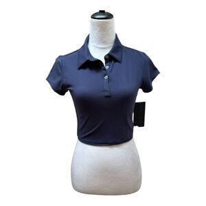 NWT 90 Degrees‎ Navy Cropped  Form Fitting Stretch Preppy Polo Shirt Size S
